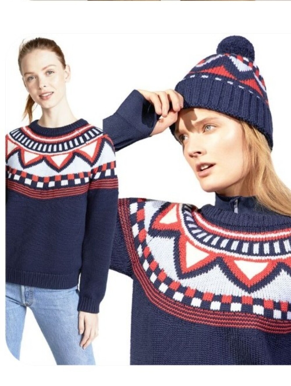 Tory Burch Tory Sport Chunky Merino Wool Blend Fairisle Sweater Navy & Orange XL